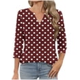 thumbnail image 1 of Staron Women's Polka Dot V-Neck 3/4 Sleeve T-Shirt Casual Fashion Printed Top Basic Comfy Relaxed Tee, Wine M, 1 of 6