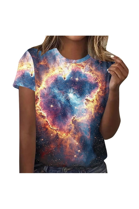 Women's Printed Blouses Round Neck Short Sleeve Pullover Casual Fashion Tops Loose Comfy Vacation Travel Boho Style, Blue M