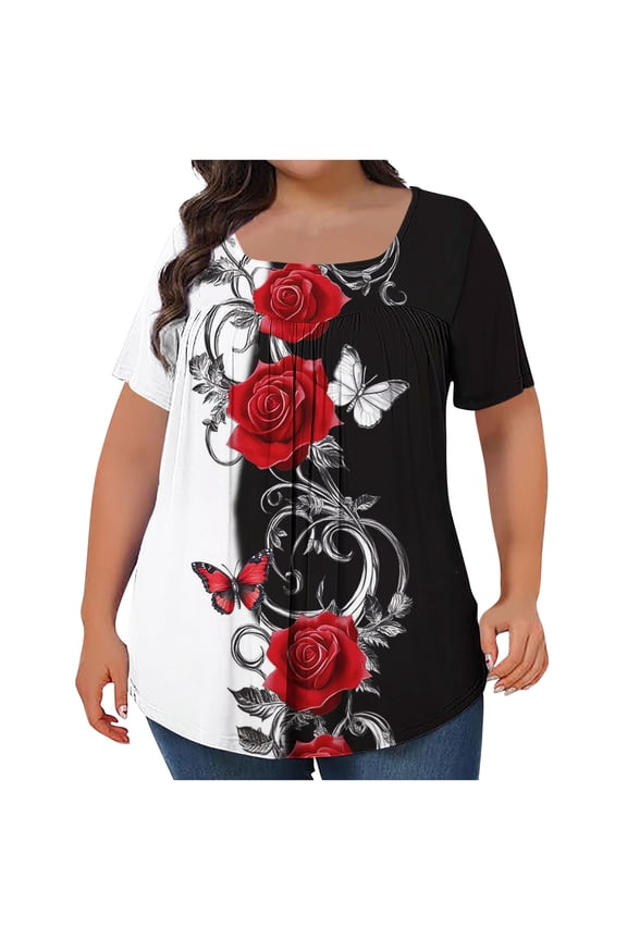 Women's Printed Oversized Square Neck Pleated Short Sleeve Loose Casual Blouse Plus Size Top, Black 4XL