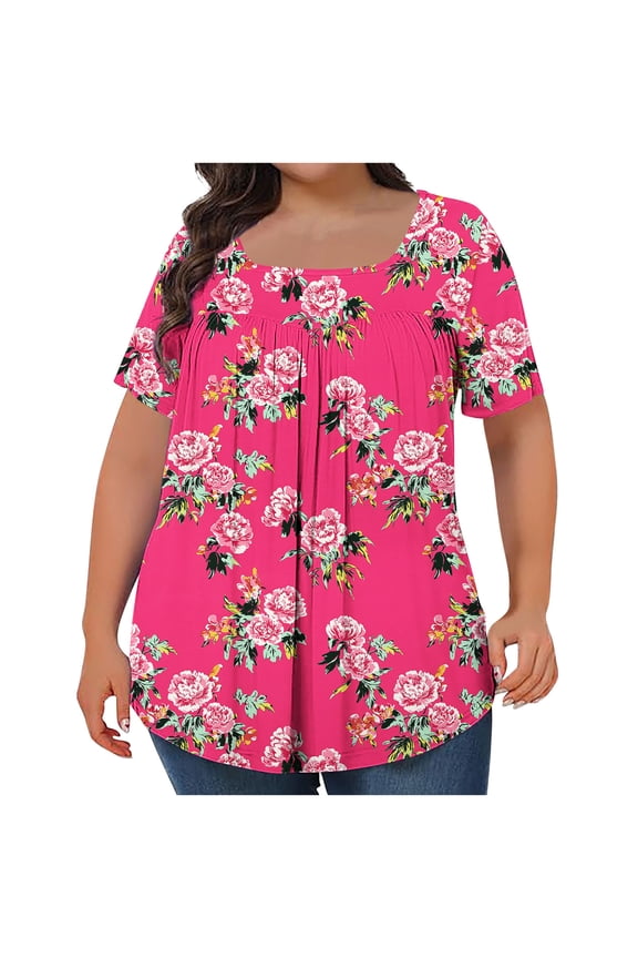 Women's Printed Square Neck Pleated Short Sleeve Loose Blouse Plus Size Casual Oversized Top, Hot Pink XXL