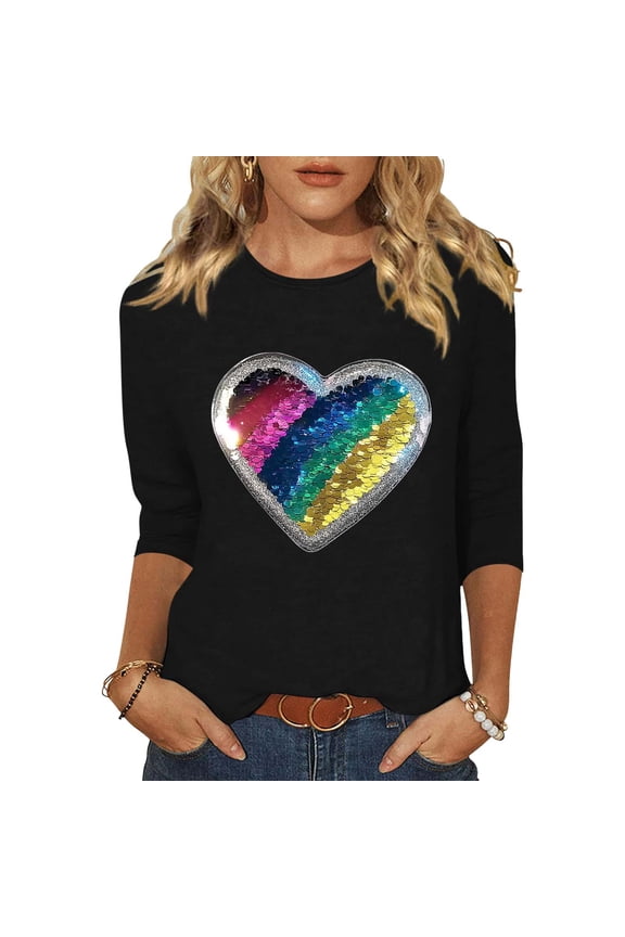 Women's Printed T-Shirt Casual Loose Fit Round Neck Three Quarter Sleeve Pullover Top for Spring Summer Vacation Party, Black M