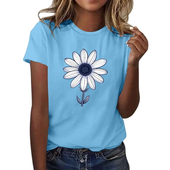 Staron Women's Printed T-Shirt Round Neck Short Sleeve Casual Loose Comfy Basic Top with High Elasticity, Blue XL