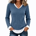thumbnail image 1 of Staron Women's Ribbed Knit Sweaters V Neck Long Sleeve Slim Fit Casual Pullover Tops Fall Winter Layered Curved Hem Stretchy Knit Shirt Navy XL, 1 of 6