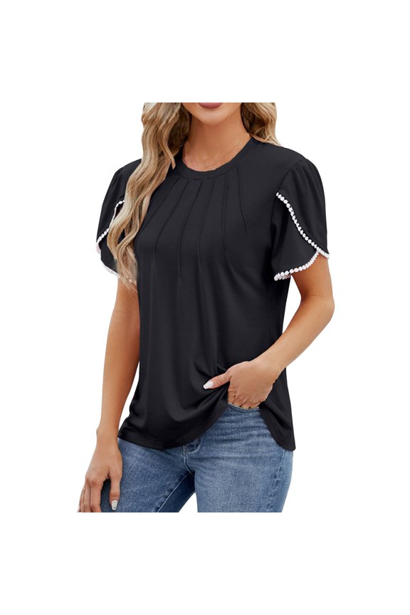 Women's Ruffle Puff Sleeve Blouse Pleated Round Neck Short Sleeve Casual Fashion Vacation Beach Travel Loose Tops T-Shirt, Black M