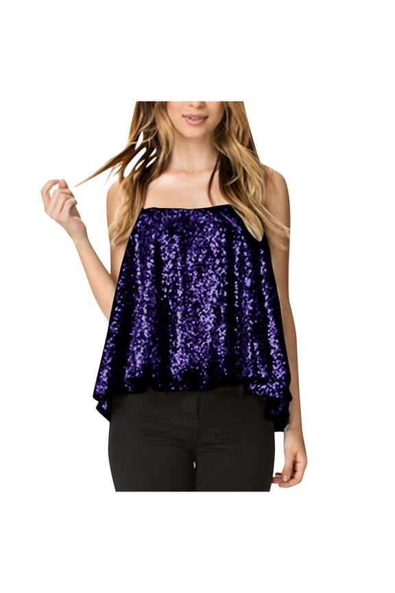 Women's Sequin Camisole Top Sparkly Round Neck Sleeveless Casual Party Tank Blouse, Purple XXL