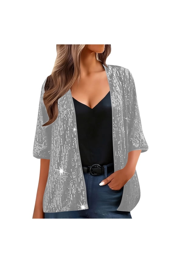 Women's Sequin Jacket Three-Quarter Sleeve Casual Party Bling Cardigan Open Front Shiny Top, Gray XXL