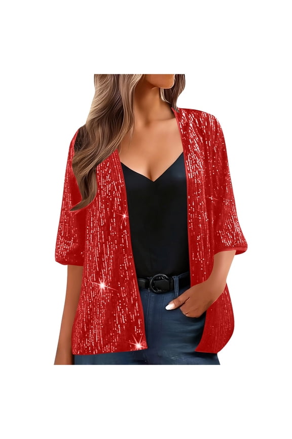 Women's Sequin Jacket Three-Quarter Sleeve Casual Party Bling Cardigan Open Front Shiny Top, Red XXL