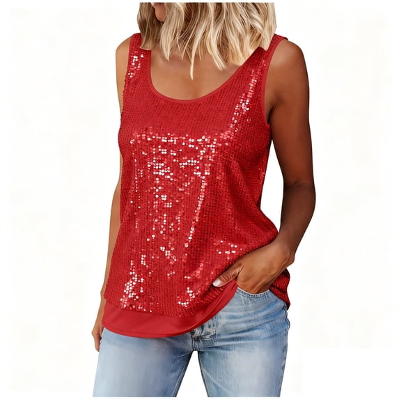 Staron Women's Sequin Tops Casual Round Neck Sleeveless Blouse Fashion Party Vacation Loose Fit Basic Tank Top, Red XXL