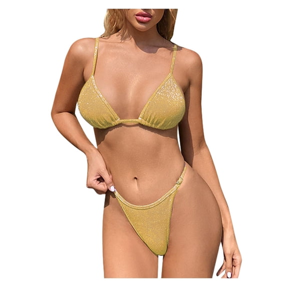 Staron Women's Sheer Bikini Swimsuit Solid Print V Neck Filled Bra Beach Vacation Pool Party Two Piece Set, Gold XL