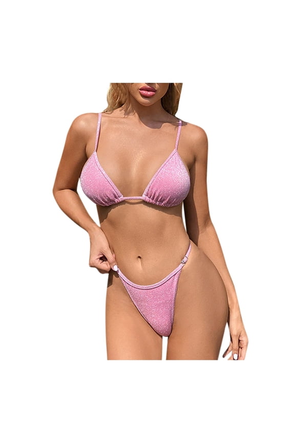 Women's Sheer Bikini Swimsuit Solid Print V Neck Filled Bra Beach Vacation Pool Party Two Piece Set, Pink XL