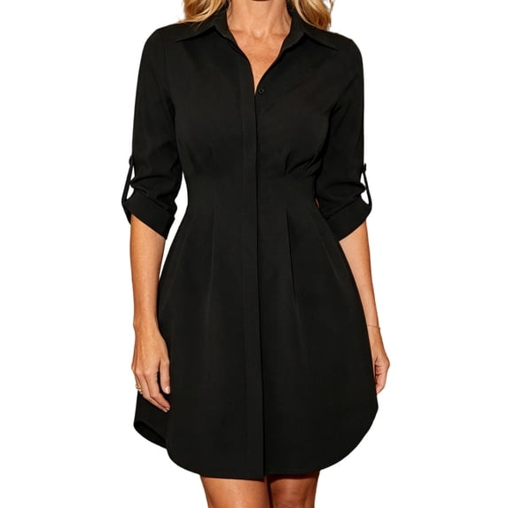 Staron Women's Shirt Dress Button Down Collared Long Sleeve Solid Basic Casual Loose Flowy Curved Hem Tunic Top, Black L