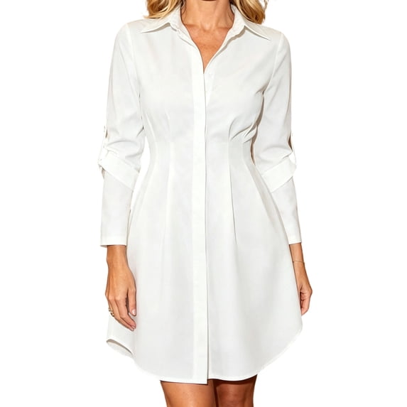 Staron Women's Shirt Dress Button Down Collared Long Sleeve Solid Basic Casual Loose Flowy Curved Hem Tunic Top, White S