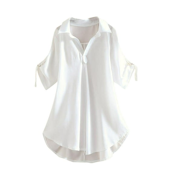 Staron Women's Shirts Casual Loose Waist Tunic Top Short Sleeve Round Neck Blouse, White M