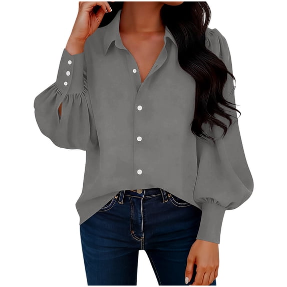 Staron Women's Short Sleeve Blouse Casual Button Down Shirt Solid Color Puff Sleeve Fashion Top, Gray L