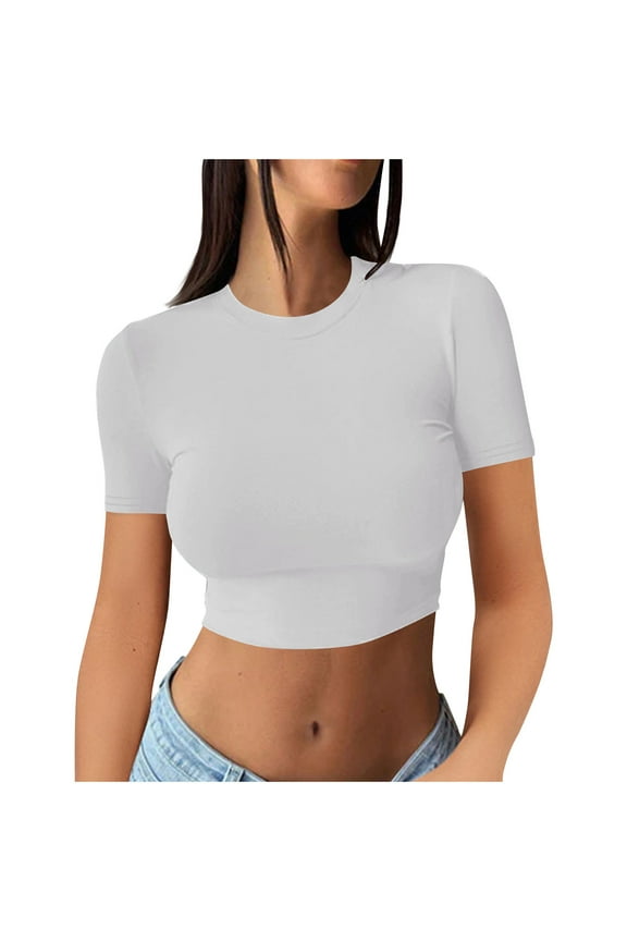 Women's Short Sleeve Crop Top Casual Fashion Round Neck Pullover Blouse Tee Shirt, White XL