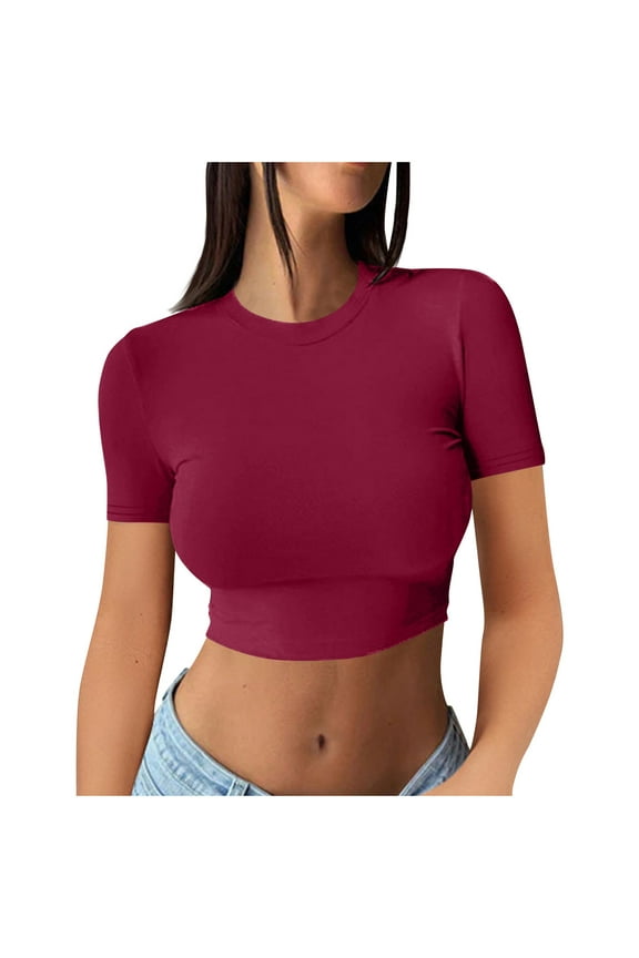 Women's Short Sleeve Crop Top Casual Fashion Round Neck Pullover Blouse Tee Shirt, Wine L