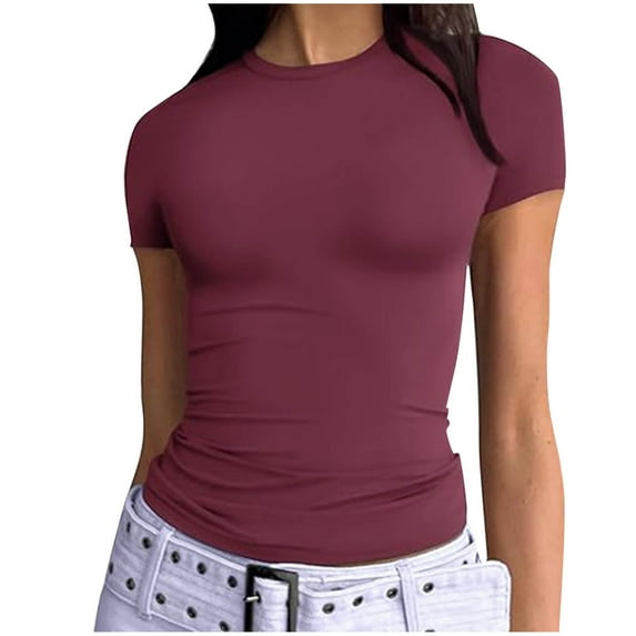 Staron Women's Short Sleeve T-Shirt Solid Color Crewneck Casual Pullover Top Plus Size Fashion Basic Tee, Wine S