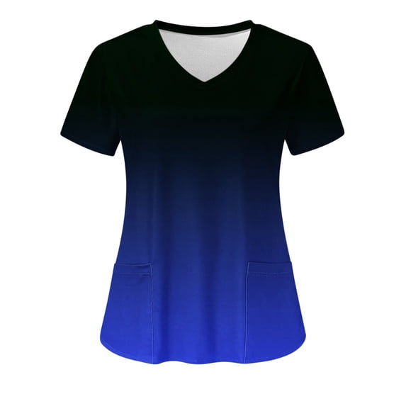 Staron Women's Short Sleeve V-Neck Tops Casual Fashion Blouse with Pockets Gradient Print Work Uniform Shirt, Dark Blue S