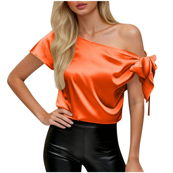 Staron Women's Off Shoulder Silk Tops Casual Short Sleeve Asymmetrical Neck Satin Blouse Shirts Vintage Classic Relaxed Loose Party Vacation Boho, Orange XL