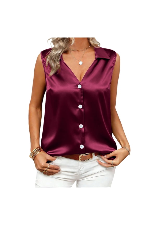 Women's Sleeveless Shirt Business Casual Blouse Classic Lapel Elegant Satin Top, Wine M