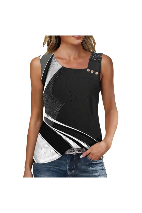 Women's Sleeveless Tops V-Neck Casual Blouse Irregular Neckline Button-Down Solid Color Lace-Up Print T-Shirt Tank Top, XXL