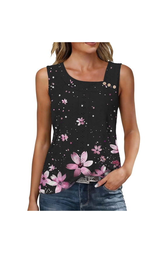 Women's Sleeveless Tops V-Neck Casual T-Shirt Blouse Irregular Neckline Button Front Solid Color Lace Trim Printed Fashion Party Vacation Shirt, M