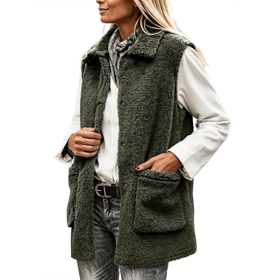 Staron Women's Sleeveless Vests for Women Casual Basic Collared Button Down Loose Fit Fall Winter Coat Jacket Vest, Army Green L