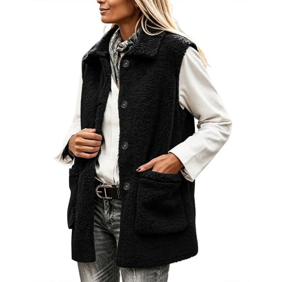Staron Women's Sleeveless Vests for Women Casual Basic Collared Button Down Loose Fit Fall Winter Coat Jacket Vest, Black XL