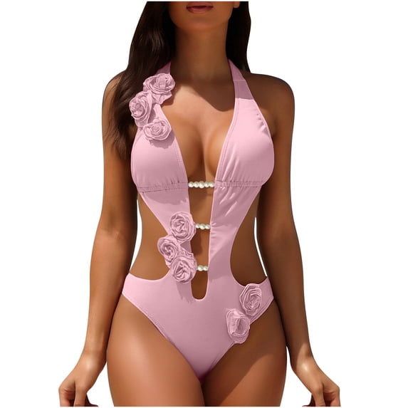 Staron Women's Solid Backless Bikini Swimsuit Two-Piece Bandage High Cut Bathing Suit with Removable Pads Beach Vacation Pool Swimwear Set, Pink L