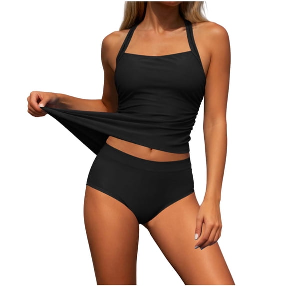 Staron Women's Solid Color Backless Bikini Swimsuit Off-Shoulder Strap Set with Removable Padded Bra High Cut Slimming Bathing Suit for Beach Vacation Pool, Black M
