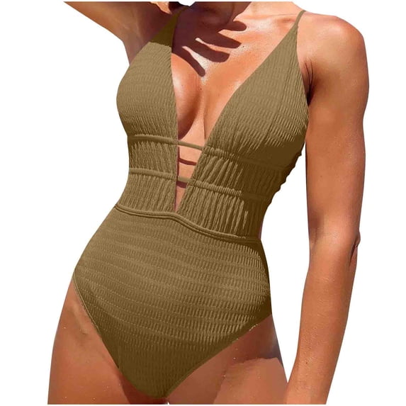 Staron Women's Solid Color Backless Strap Swimsuit One Piece with Removable Padded Bra High Cut Bathing Suit for Beach Vacation Pool, Khaki M