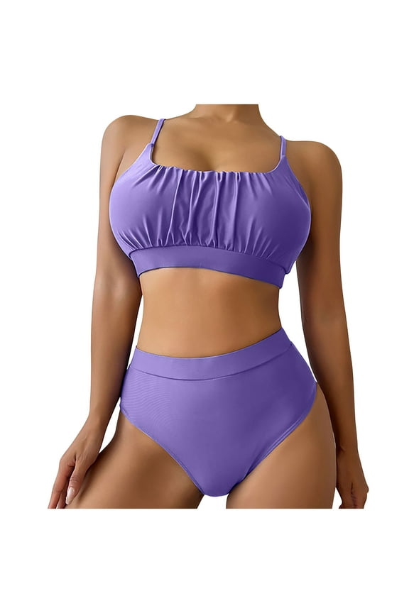 Women's Solid Color Bikini Set with Padded Top No Underwire Two Piece Swimsuit, Purple M