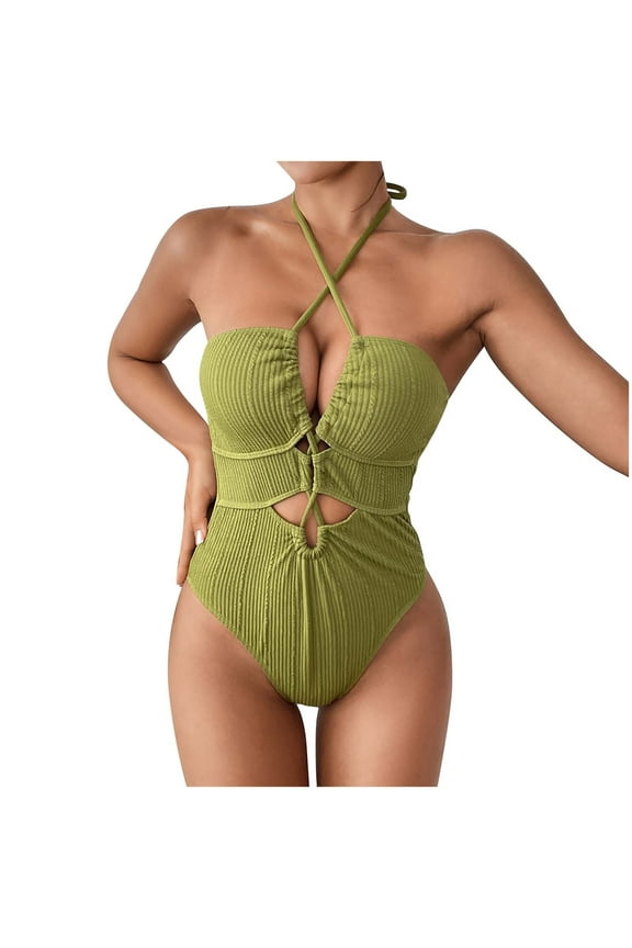 Women's Solid Color One Piece Swimsuit Bikini Tie Backless Bathing Suit with Removable Padded Cups High Cut, Green M