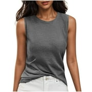 Staron Womens Solid Color Round Neck Sleeveless Pullover Tank Top Casual Fashion Basic Blouse Camisole, Dark Gray M