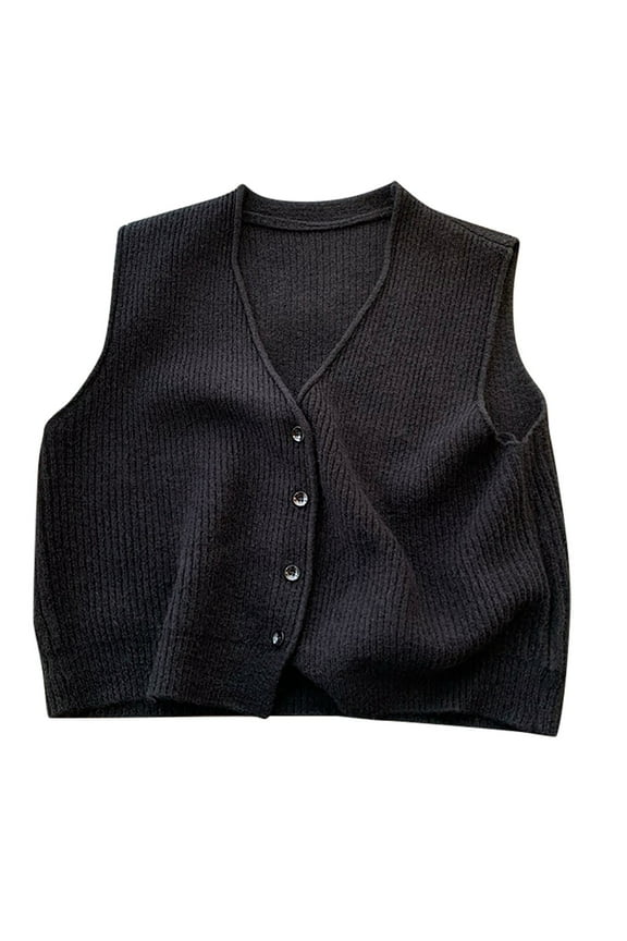 Women's Solid Color V Neck Single Button Sleeveless Knit Vest Casual Pullover Fashion Tank Top, Black FREE SIZE