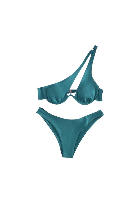 Women's Split Shoulder Steel Support Bikini Two Piece Swimsuit Solid Color Beach Vacation Halter Monokini, Blue M