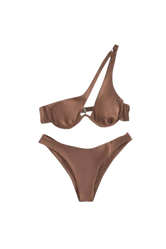 Women's Split Shoulder Steel Support Bikini Two Piece Swimsuit Solid Color Beach Vacation Halter Monokini, Brown M