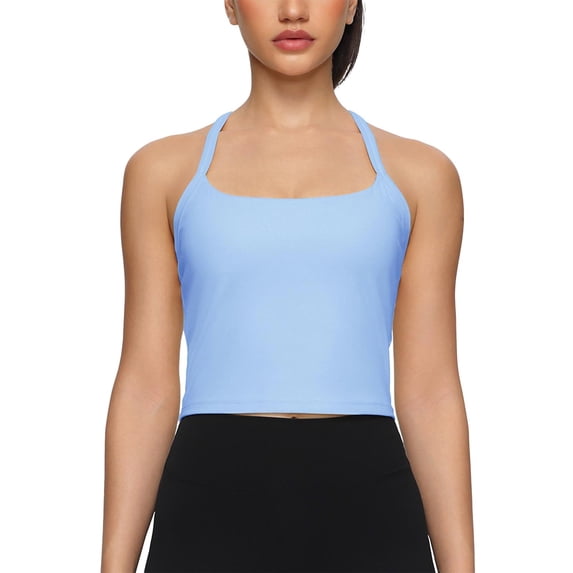 Staron Women's Sports Tank Top with Built-in Bra Round Neck Sleeveless Quick-Dry Solid Casual Yoga Running Workout Athletic Top, Blue S