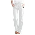thumbnail image 1 of Staron Women's Spring Casual Pants with Pockets Elastic Waist Straight Leg Ankle-Length Cotton Linen Blend Solid Color Trousers, White M, 1 of 4