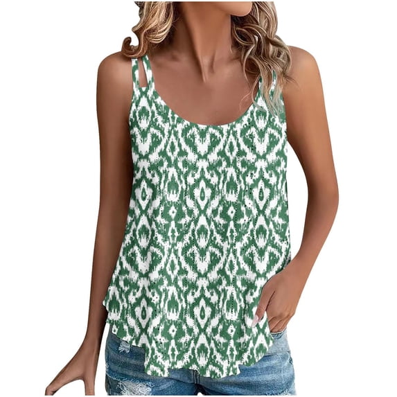 Staron Women's Spring Summer Eyelet Embroidery Tank Top Casual Loose Round Neck Sleeveless Blouse with Print Fashion Trendy Vacation Beach, Green XXL