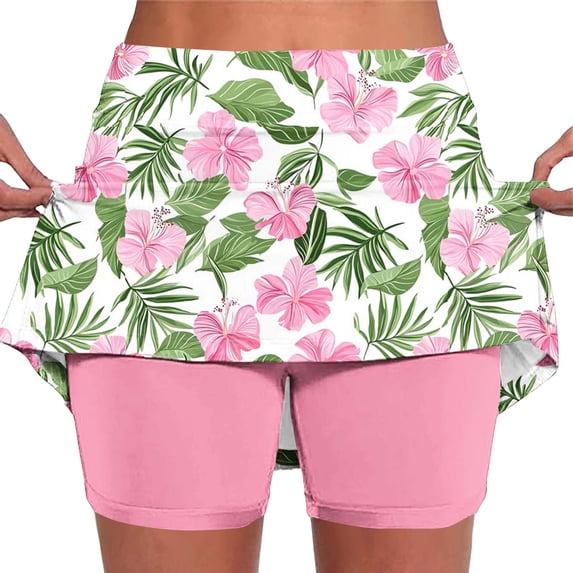 Staron Women's Spring Summer Yoga Pants High-Waisted Fitted Jogger Shorts with Pockets Skirt Shorts Casual Lounge Activewear Printed Stretchy Comfy, Pink M