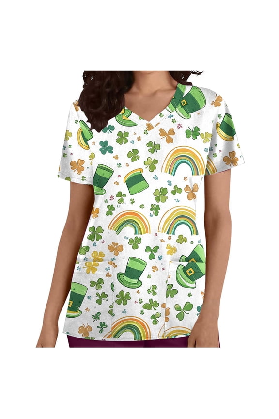 Women's St. Patrick's Day Printed V-Neck Short Sleeve Casual Loose Nursing Uniform Top with Pockets Vintage Humor T-Shirt, Green S