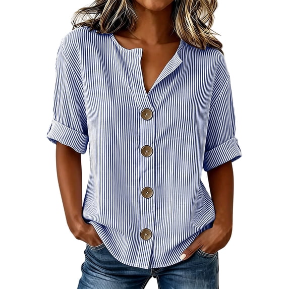 Staron Women's Striped Casual Button-Up Blouse Short Sleeve V Neck Lightweight Summer Tops Fashion Basic Shirt Dark Blue M