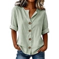 thumbnail image 1 of Staron Women's Striped Casual Button-Up Blouse Short Sleeve V Neck Lightweight Summer Tops Fashion Basic Shirt Green XL, 1 of 6