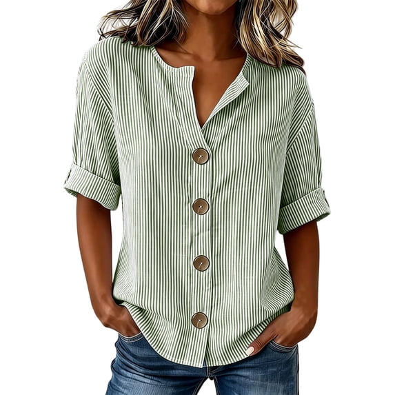 Staron Women's Striped Casual Button-Up Blouse Short Sleeve V Neck Lightweight Summer Tops Fashion Basic Shirt Green XL