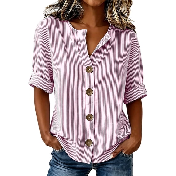 Staron Women's Striped Casual Button-Up Blouse Short Sleeve V Neck Lightweight Summer Tops Fashion Basic Shirt Hot Pink L