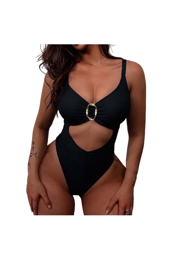 Women's Summer Beach Swimsuit Retro Cutout One-Piece Bikini Backless High-Cut Casual Vacation Pool Party Bathing Suit, Black L