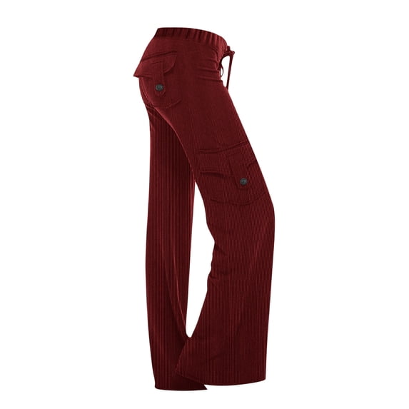 Staron Women's Summer Casual Pants Solid Color Ribbed Button Front Elastic Waist Loose Fit Comfortable Pull-On Trousers, Wine XL