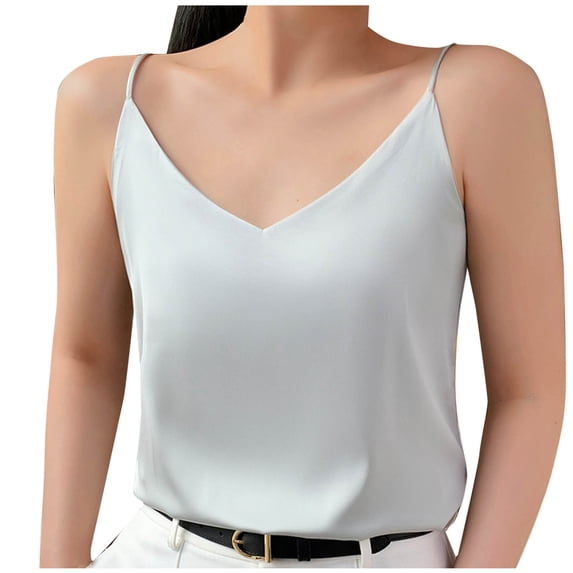 Staron Women's Summer Casual Sleeveless Tank Top V-Neck Solid Satin Vest Basic Comfy Relaxed Party Travel Beachwear, Green M