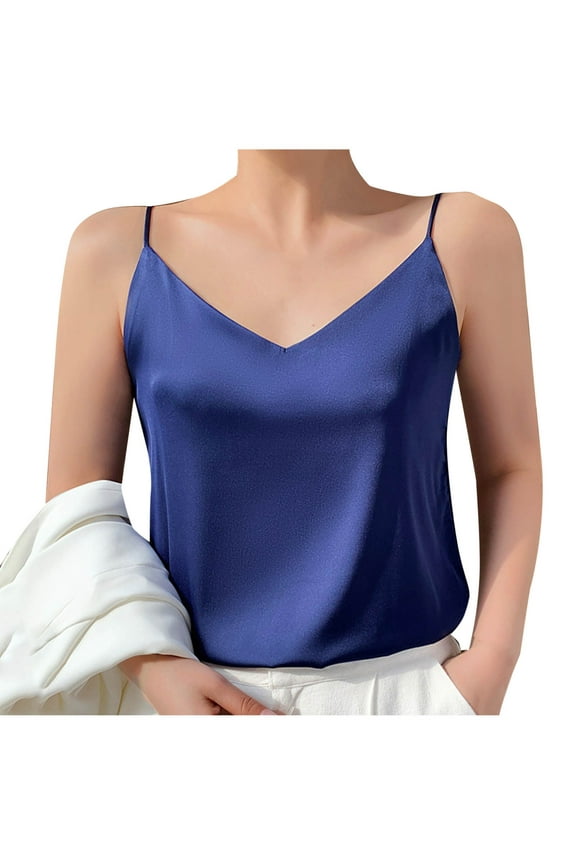 Women's Summer Casual Sleeveless Tank Top V-Neck Solid Satin Vest Basic Comfy Relaxed Party Travel Beachwear, Navy S